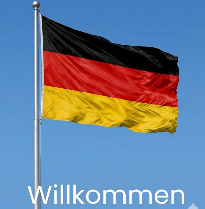 Bandeira da Alemanha no mastro com texto Willkommen. Botão para o site Primescolha em alemão.