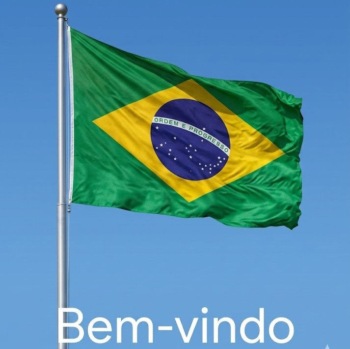 Bandeira do Brasil no mastro com texto Bem-vindo. Botão para o site Primescolha em português.