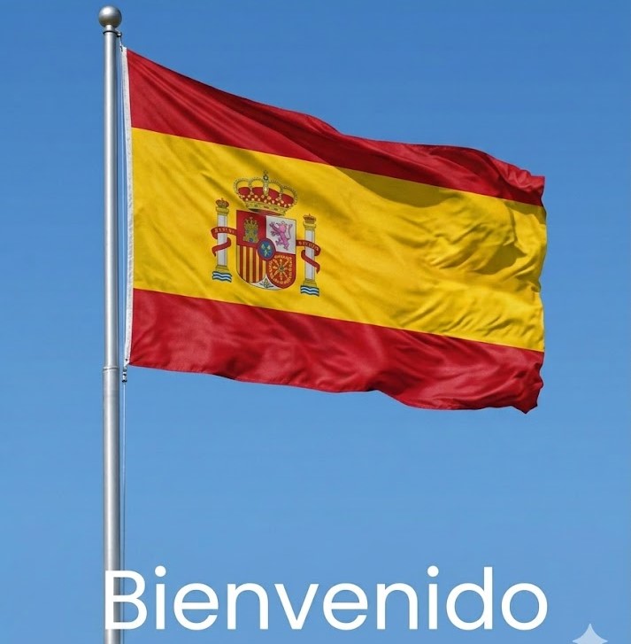 Bandeira da Espanha no mastro com texto Bienvenido. Botão para o site Primescolha em espanhol.