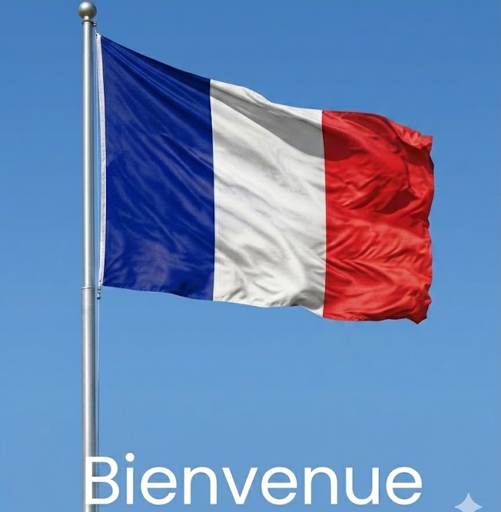 Bandeira da França no mastro com texto Bienvenue. Botão para o site Prime Escolha em francês.