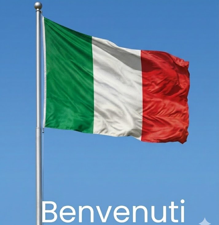 Bandeira da Italia no mastro com texto Benvenuti. Botão para o site Primescolha em italiano.