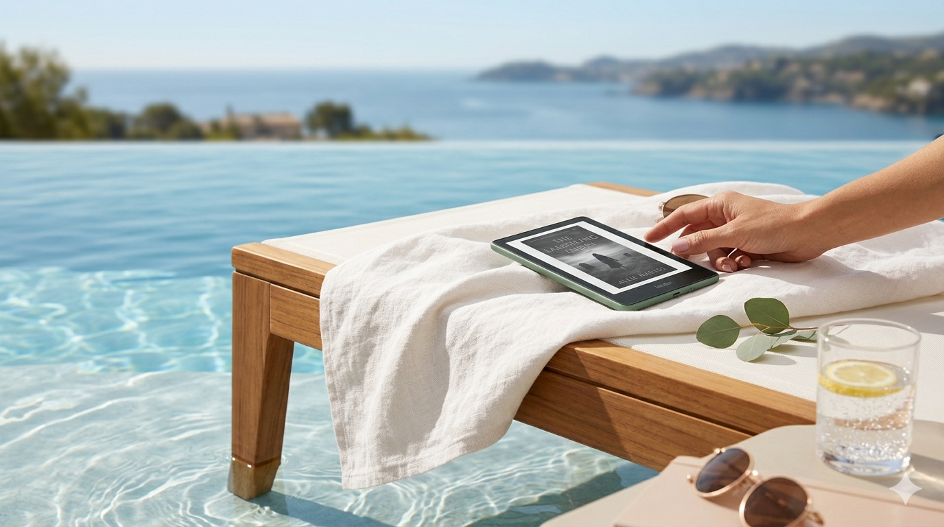 Primer plano de un Kindle Paperwhite verde resistente al agua sobre una toalla de lino junto a una piscina de lujo, ilustrando la lectura relajante al aire libre para el Día de la Madre.