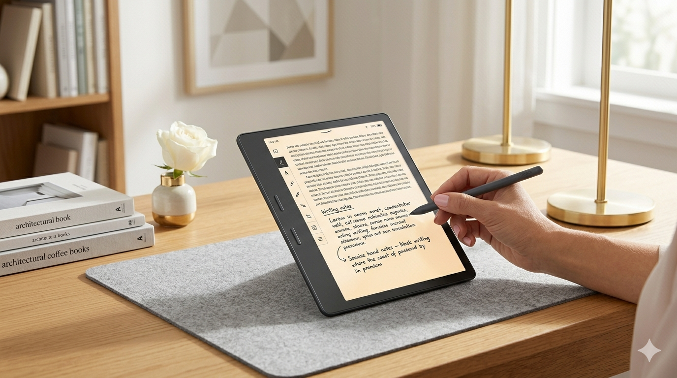 Primer plano de una mano femenina usando el lápiz óptico en la pantalla grande de un Amazon Kindle Scribe, mostrando la función de escritura sobre un escritorio de madera organizado.