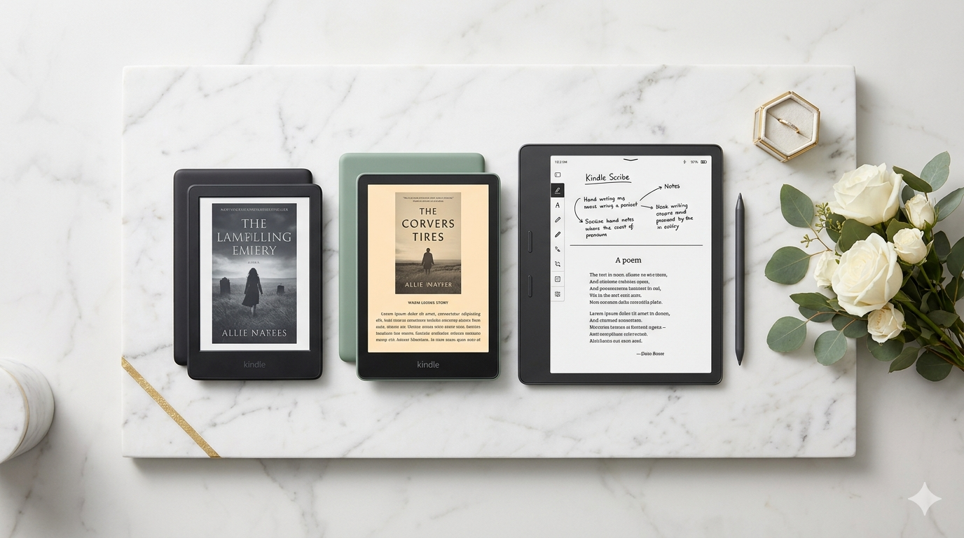 Tres modelos de Amazon Kindle (Básico, Paperwhite y Scribe) presentados sobre una superficie de mármol blanco de lujo para el Día de la Madre.