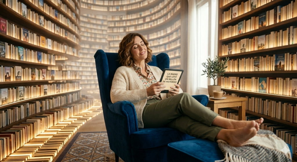 Madre española relajada en un sillón azul sosteniendo un Kindle con el mensaje 'La madre que leyó un millón de historias', rodeada de una biblioteca infinita. Idea de regalo para el Día de la Madre 2026.