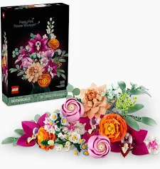 Llamativo ramo de flores LEGO Icons con rosas, margaridas y asteres en tonos rosas, naranjas e púrpuras. Un regalo original y eterno para el Día de la Madre, perfecto para decorar cualquier rincón sin mantenimiento.
