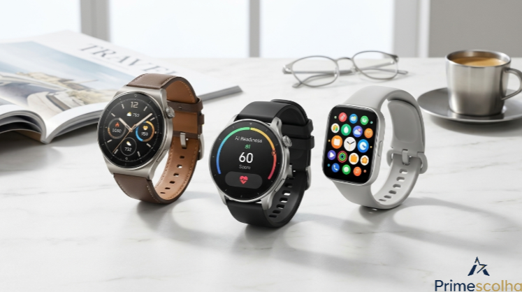 Una fotografía de estilo de vida premium que muestra tres smartwatches de alta gama seleccionados por Primescolha (Huawei, Amazfit, Xiaomi) dispuestos elegantemente sobre una superficie de mármor blanco con luz natural suave.
