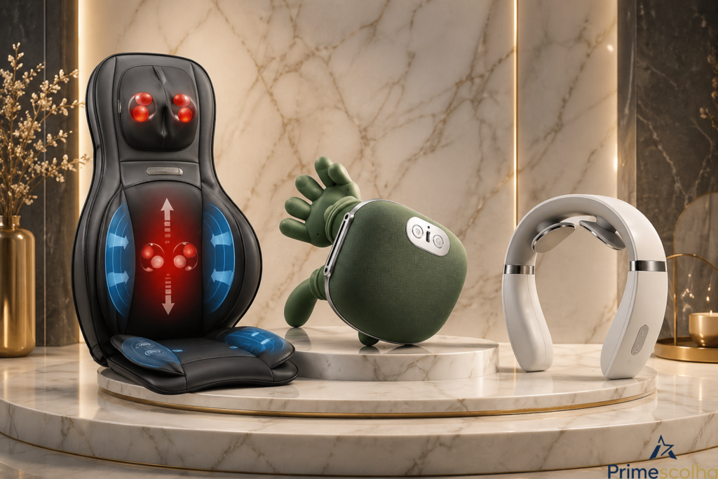 Comparativa premium de tres masajeadores inteligentes para el Día de la Madre sobre superficie de mármol blanco: un modelo Shiatsu 4D verde, un dispositivo TENS blanco minimalista y un asiento de masaje integral gris. Fondo de spa sofisticado.