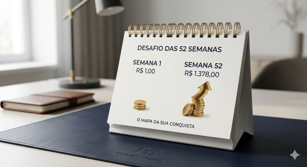 Calendário de mesa minimalista mostrando o planejamento do Desafio das 52 Semanas com economia progressiva de 1 real a 1378 reais Primescolha