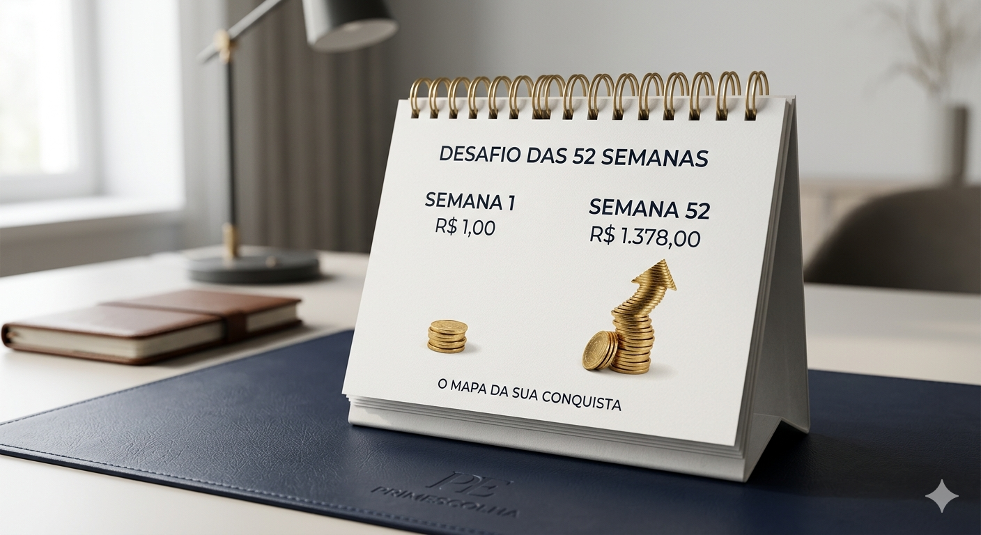 Calendário de mesa minimalista mostrando o planejamento do Desafio das 52 Semanas com economia progressiva de 1 real a 1378 reais Primescolha
