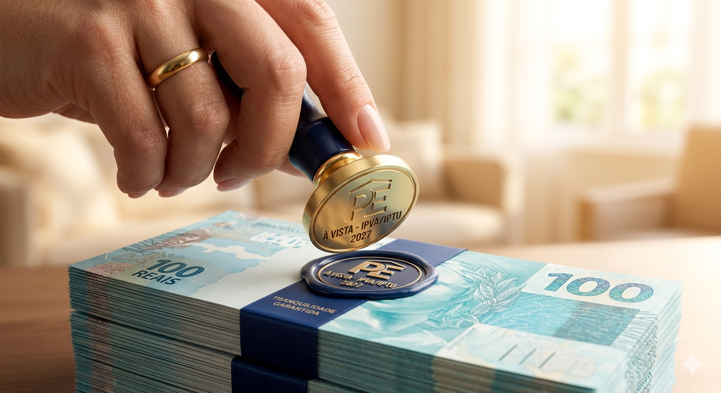 Maço de notas de 100 reais com carimbo dourado escrito pagamento a vista de IPVA e IPTU simbolizando alívio financeiro do Desafio 52 Semanas