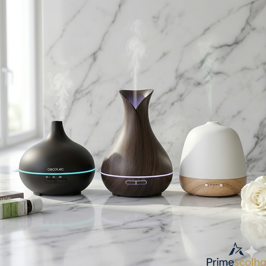Tres difusores de aromas elegantes (Cecotec, Kbaybo y Pranarôm) sobre una superficie de mármol blanco, ambiente de spa de lujo para regalo del Día de la Madre.