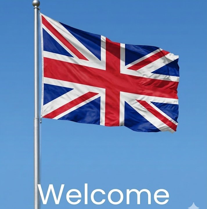 Bandeira da Inglaterra no mastro com texto Welcome. Botão para o site Primescolha em inglês.