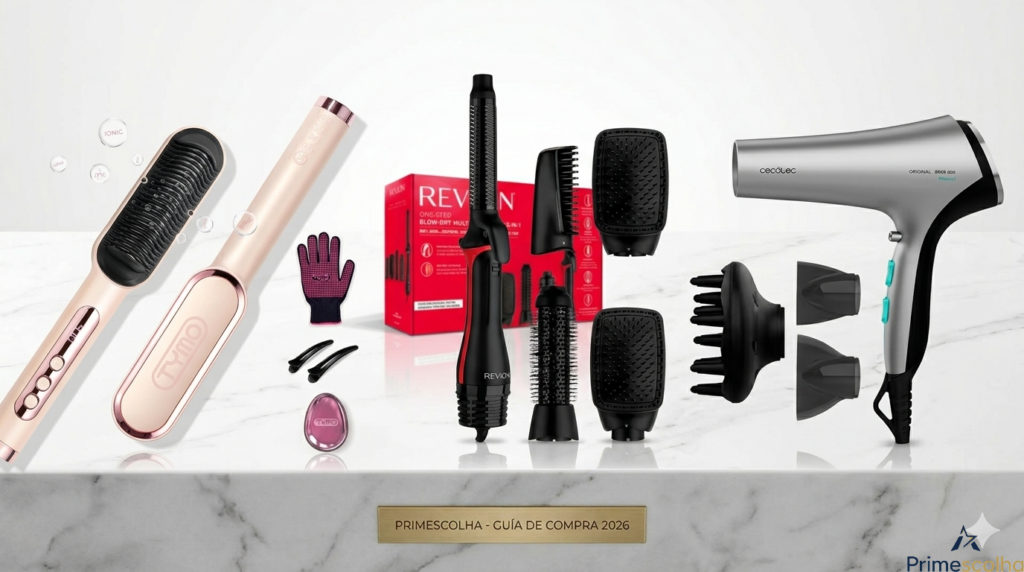 Comparativa de los mejores cepillos secadores de 2026: Cecotec Bamba 5320, TYMO Ring Plus y Revlon One-Step sobre superficie de mármol blanco. PRIMESCOLHA Guía de Compra.