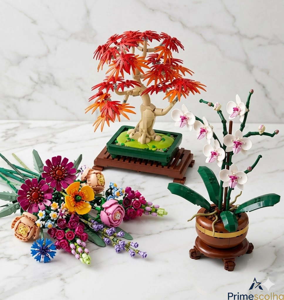 Selección de los sets LEGO Botanicals más vendidos en Amazon España para el Día de la Madre, presentados sobre una lujosa superficie de mármol blanco: incluye el Árbol Bonsái, la elegante Orquídea y el vibrante Ramo de Flores.
