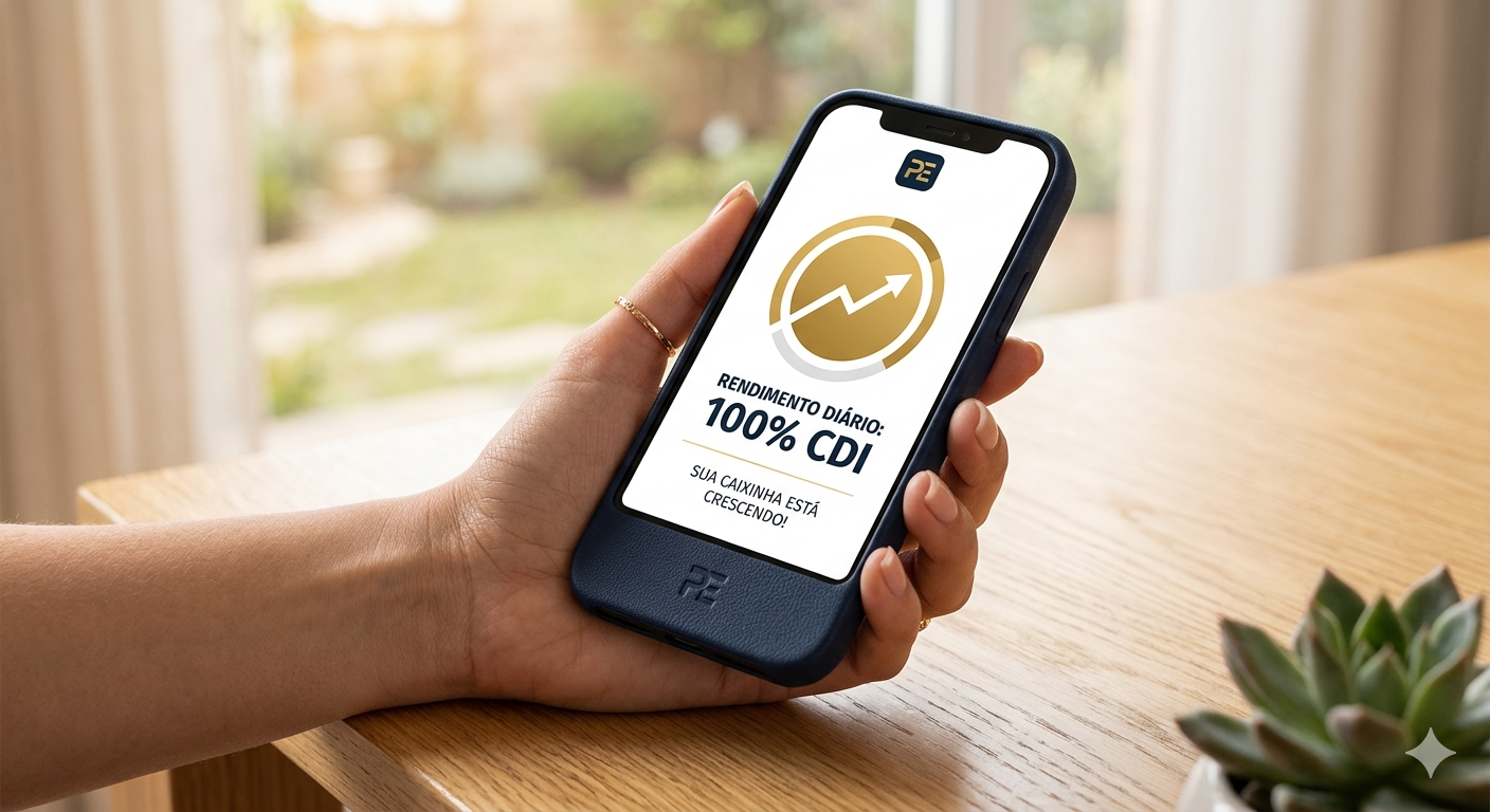 Celular moderno exibindo aplicativo de banco com rendimento de 100 por cento do CDI e gráfico de crescimento financeiro para reserva de emergência.