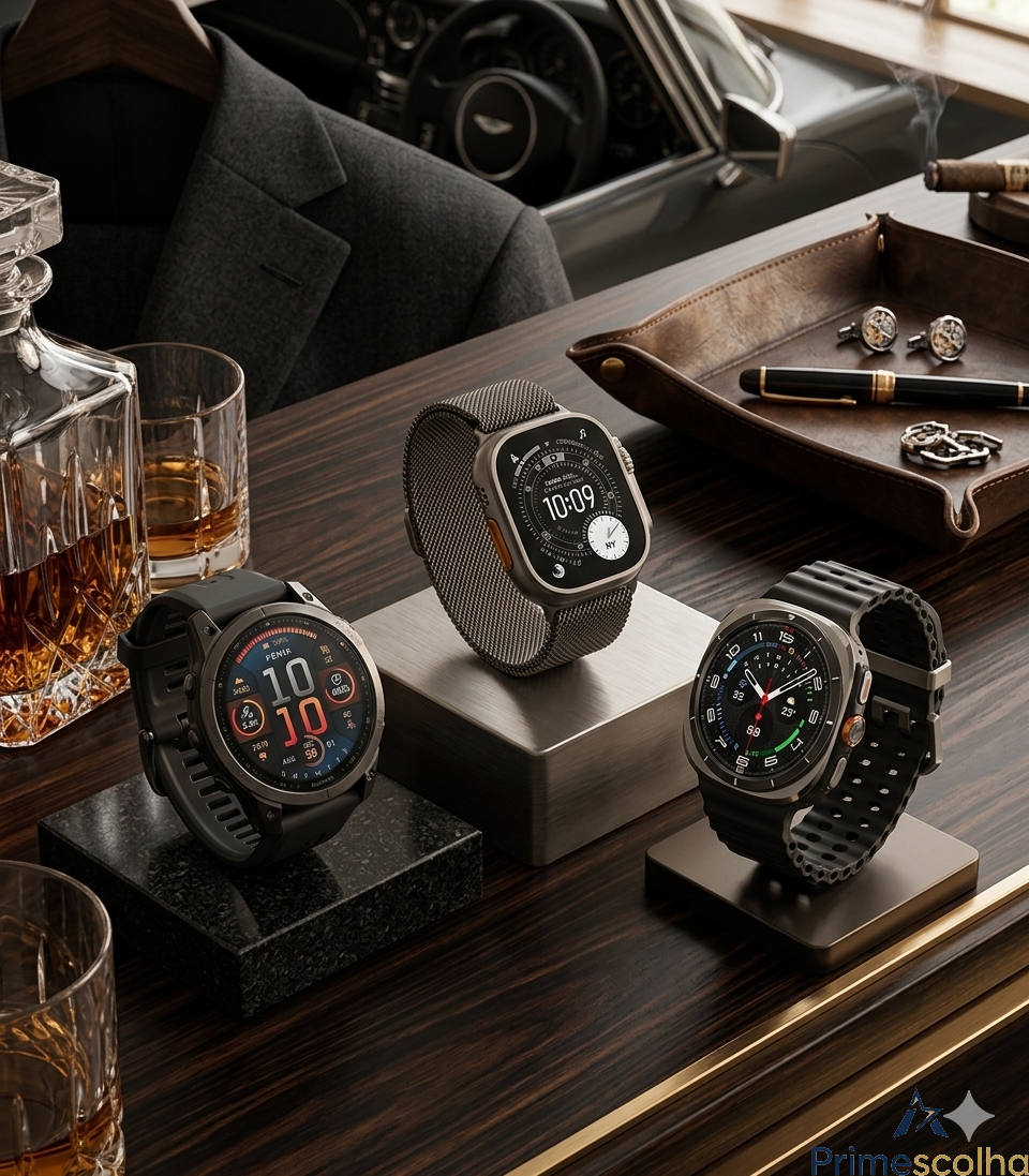 Ein exklusives und maskulines Lifestyle-Bild, das die drei Top-Smartwatches für Männer auf einer dunklen, polierten Ebenholzfläche mit warmen Gold- und Bronzeakzenten präsentiert. Im Zentrum auf einem gebürsteten Titan-Podest steht die Apple Watch Ultra 3 (mit dem spezifischen dunklen Titan-Milanese-Netzband, wie in image_2.png). Links, auf einem schwarzen Granitblock, ruht die Garmin Fenix 8 (mit dem taktischen schwarzen Silikonband, wie in image_4.png). Rechts auf einem erhöhten Ständer ist die Samsung Galaxy Watch Ultra (mit dem perforierten schwarzen Silikonband, wie in image_3.png). Die Bildkomposition strahlt maskuline Eleganz und technische Exzellenz aus, abgerundet durch dezente Luxuselemente im Hintergrund.