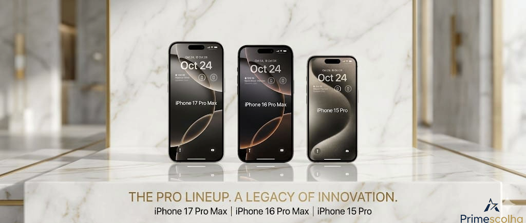 Banner publicitário de luxo com estilo minimalista da Apple, exibindo três iPhones lado a lado sobre uma superfície de mármore branco refinado com veios sutis. Da esquerda para a direita estão alinhados verticalmente o iPhone 17 Pro Max, o iPhone 16 Pro Max e o iPhone 15 Pro, mostrando suas telas frontais ativas com elegantes papéis de parede escuros e detalhes dourados. A base de mármore exibe reflexos nítidos dos aparelhos e possui acabamento com linhas douradas nas bordas. Na parte inferior, há o texto centralizado em letras maiúsculas douradas: "THE PRO LINEUP. A LEGACY OF INNOVATION." seguido pelos nomes dos modelos em preto. A iluminação é suave e cinematográfica, criando uma atmosfera premium e sofisticada