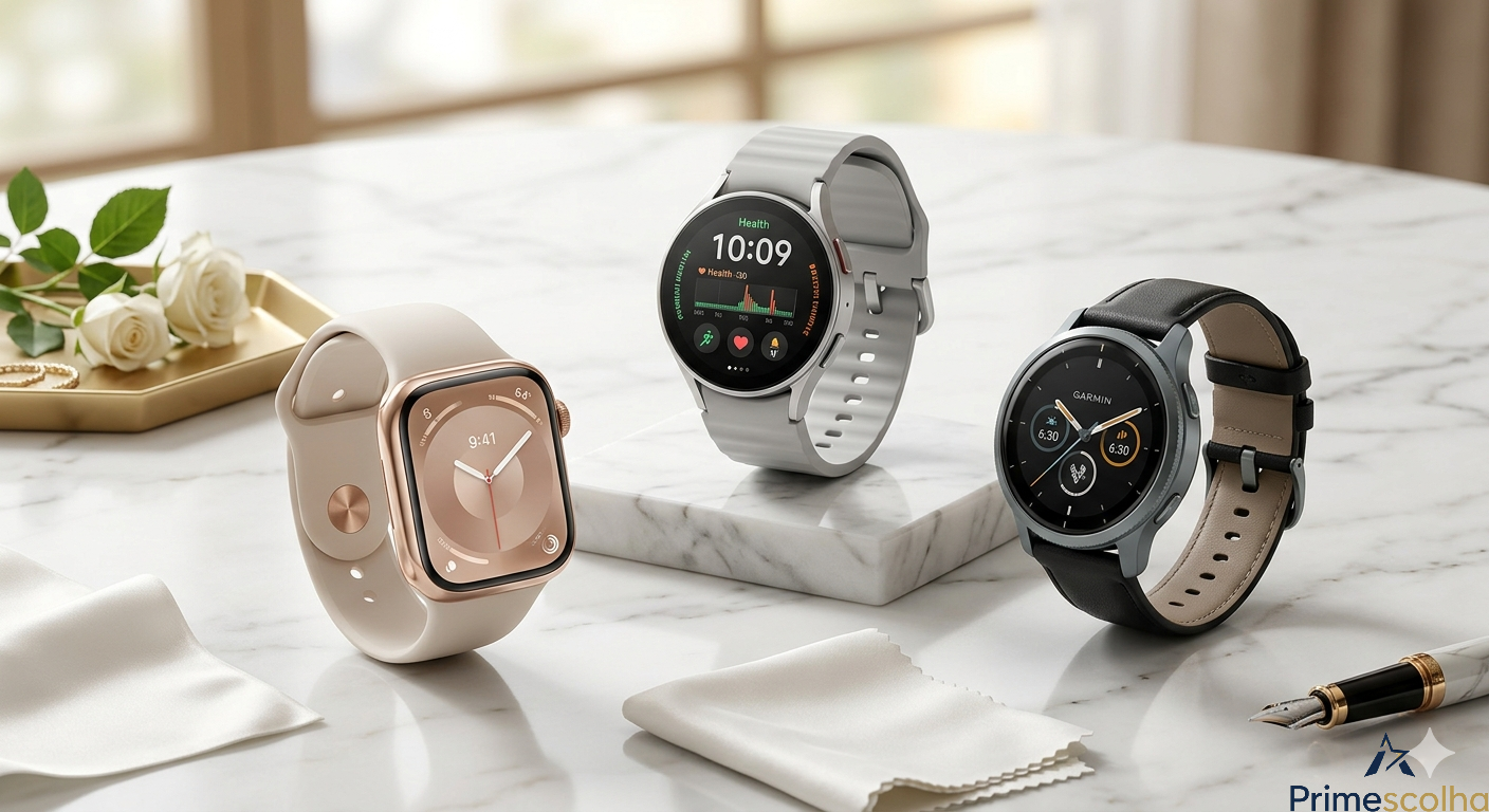 Uma imagem de estilo de vida premium e sofisticada, mostrando três Smartwatches de luxo para sua rotina dispostos sobre uma superfície de mármore branco polido com veios cinzas. Da esquerda para a direita: o Apple Watch Series 11 Ouro Rosa com pulseira estelar, o Samsung Galaxy Watch7 prata com pulseira de borracha cinza, e o Garmin Venu 3 preto com pulseira de couro. Ao fundo, detalhes de rosas brancas e um terno masculino, criando um ambiente de elegância e sucesso. Foco nítido nos dispositivos e materiais nobres.
